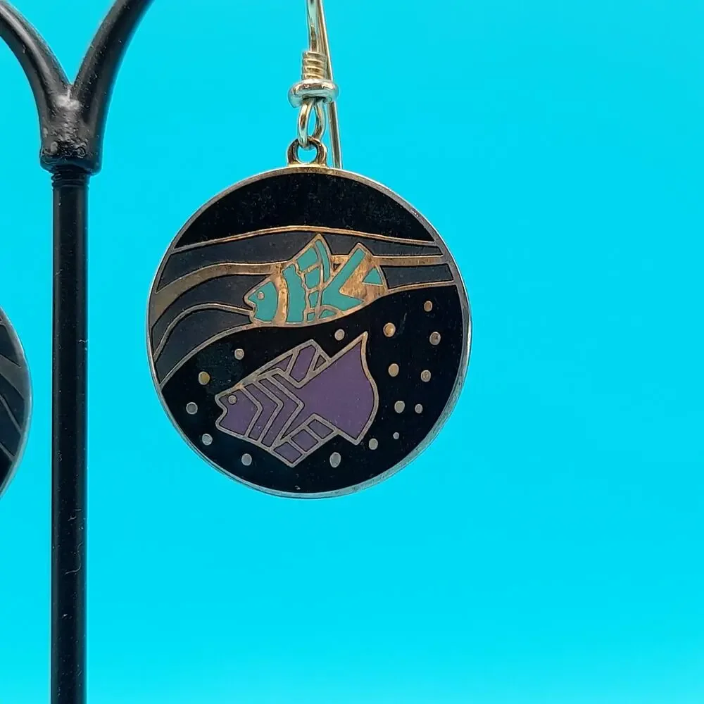 Vintage Laurel Burch Tropical Fish Drop Earrings, Cloisonné Enamel Gold Plated